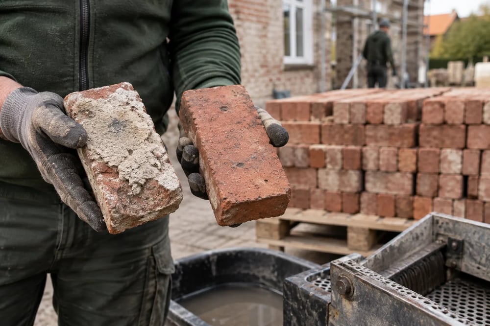 Før og efter rensning af mursten – mursten med mørtel sammenlignet med renset mursten