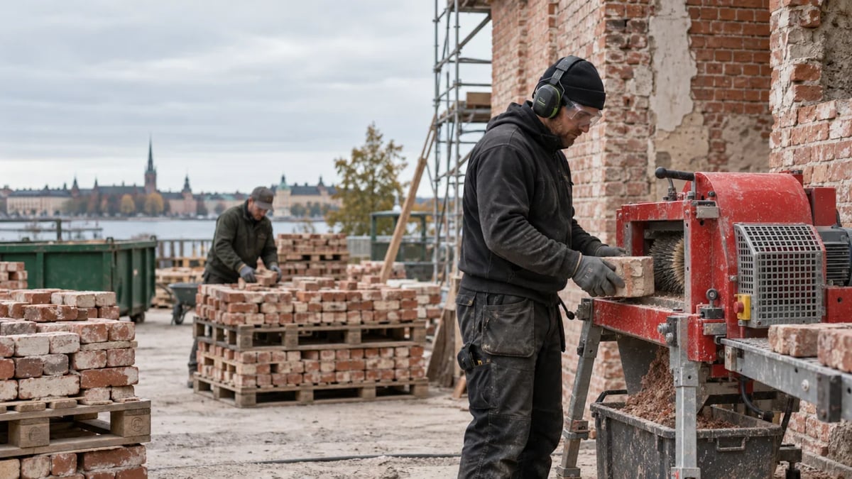 Rensning af mursten på skadestedet med mobil rensemaskine